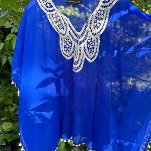 Blue Sheer Cover-Up with Embroidered Neckline